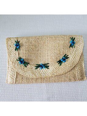 70s Rattan Burlap Clutch Purse 11x6.5 Raffia Flowers Vintage Rectangle Envelope